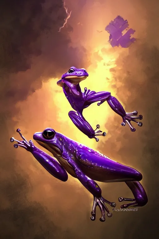 Image similar to flying frog punch, in the style of jill bauman and stephan martiniere, trending on artstation, dramatic purple lighting low angle view concept art, award - winning, steampunk, in the golden hour, metaphysical art