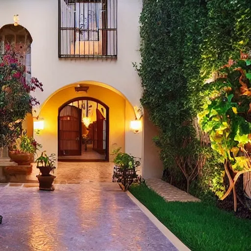 Prompt: beautiful!!!!!!!!!!!!, courtyard, home, mediterranean, vines, golden hour, wet tiles