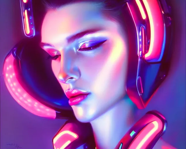 Prompt: a ultradetailed beautiful portrait painting of a stylish female cyborg, chrome plated, synthwave, dreamy soft neon lights, oil painting, by hajime sorayama, trending on artstation