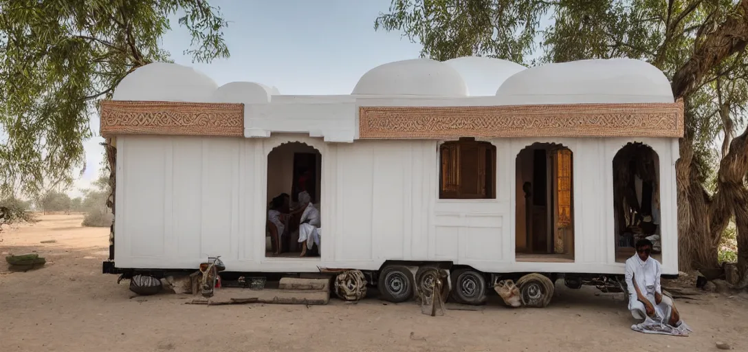 Image similar to mughal - style white ivory tiny home on trailer in agra, india