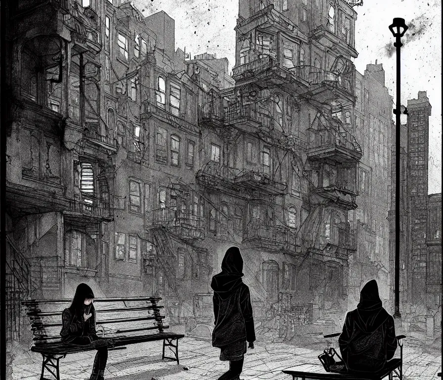 Prompt: sadie sink in hoodie sits on bench in ruined square, pedestrians walk by, steampunk tenements : storyboard, scifi cyberpunk. by gabriel hardman. cinematic atmosphere, detailed and intricate, perfect anatomy