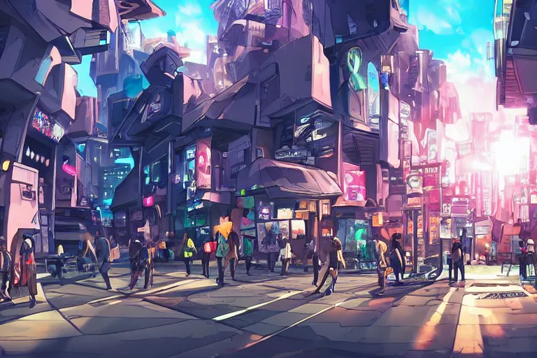 Image similar to futuristic city street with people fighting, anime