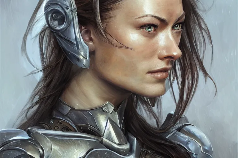 Prompt: a head and shoulders portrait of Olivia Wilde, clothed in battle armor, olive skin, long dark hair, beautiful bone structure, symmetrical facial features, intricate, finely detailed, elegant, digital painting, trending on Artstation, concept art, smooth, sharp focus, illustration, from Metal Gear by Ruan Jia and Mandy Jurgens and Artgerm and and william-adolphe bouguerea, award winning