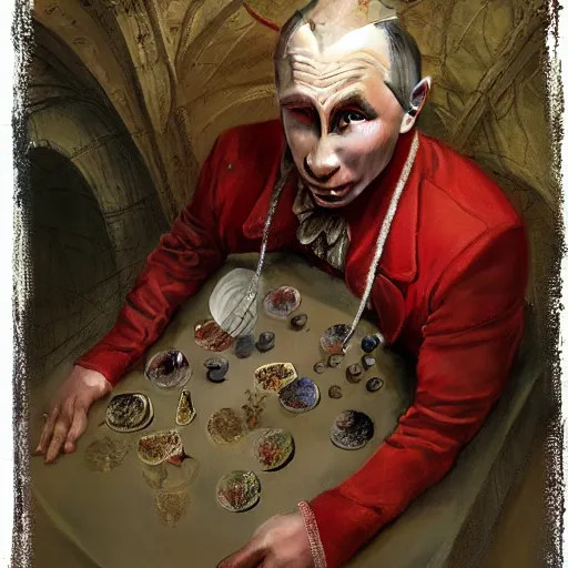 Image similar to vladimir putin, is a jester, circus performance, have red clown nose, fantasy 3 d render, masterpiece, by donato giancola and greg rutkowski and wayne barlow and zdzisław beksinski, realistic face