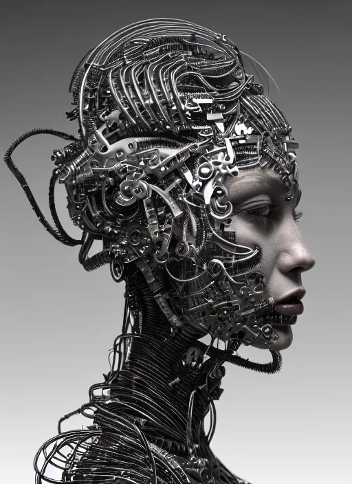 Prompt: a beautiful young female cyborg made of intricate metal flower stems and wire cables, hr giger, unreal engine, portrait, tintype, side - view, f / 2. 8, black and white, high contrast, 1 6 k, lonely, perfectionism, halfrear lighting, insanely detailed and intricate, hypermaximalist, hyper realistic