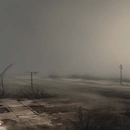 Image similar to hyper realism, realistic apocalyptic war scene, dense fog