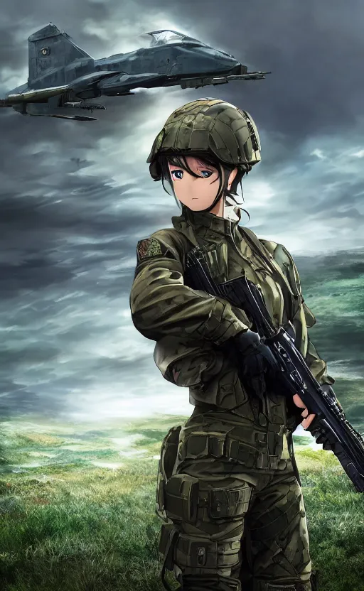 Prompt: girl, trading card front, future soldier clothing, future combat gear, realistic anatomy, concept art, professional, by ufotable anime studio, green screen, volumetric lights, stunning, military camp in the background, metal hard surfaces, focus on generate the face, focus on generate eyes