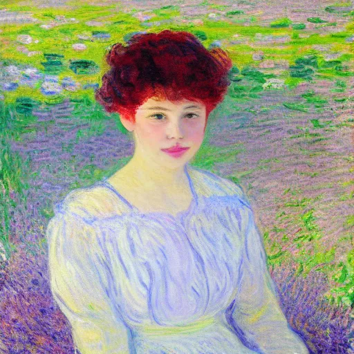 Prompt: portrait of cute girl with short curly red hair sitting in a field of lilac flowers, Monet painting of a modern girl