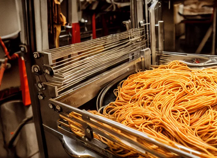 Image similar to a factory where people are processing fresh spaghetti, canon 5 0 mm, cinematic lighting, photography, retro, film, kodachrome, closeup