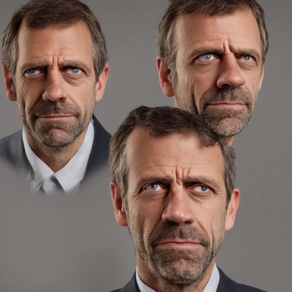 Prompt: Dr. House with grumpy face looking at the camera, portrait