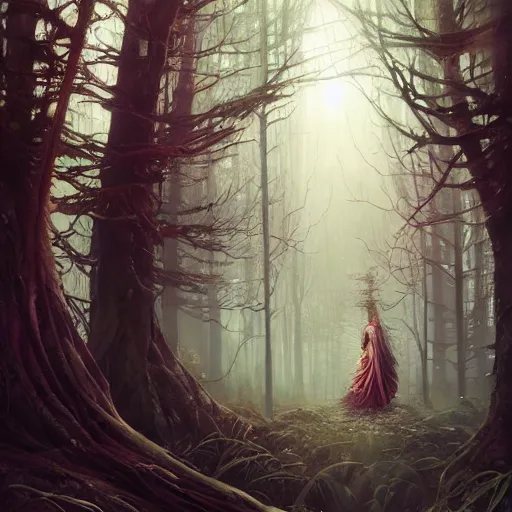 Prompt: highly detailed creepy forest mother mage, stephen bliss, unreal engine, fantasy art by greg rutkowski, loish, rhads, ferdinand knab, makoto shinkai and lois van baarle, ilya kuvshinov, rossdraws, tom bagshaw, global illumination, radiant light, detailed and intricate environment