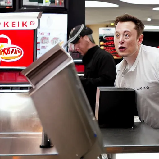 Prompt: elon musk working at burger king, elon musk working the register at a fast food restaurant