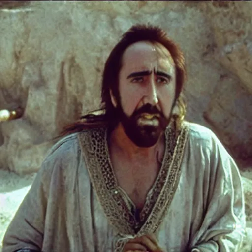 Image similar to Nicolas Cage as berber musicians, smoking hashish and playing string instruments in a dusty, sunny environment, a frame from an early star wars movie