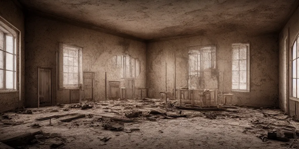 Prompt: interior of a dusty abandoned old western chapel during day, hyper realistic vfx simulation, godrays from windows, trending on Behance, 24mm f8, vray