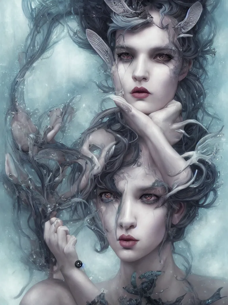 Image similar to a seapunk portrait of a nymph with shadowy eyes and bonewhite hair, with black glossy lips, hyperrealistic, award-winning, masterpiece, in the style of Tom Bagshaw, Cedric Peyravernay, Peter Mohrbacher