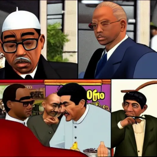 Image similar to big smoke from gta san andreas eating out at a mc donald's with pope francis and shinzo abe