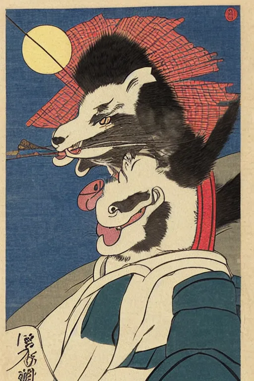 Image similar to a little - known commission from a famous ukiyo - e artist depicts the fursona of tokugawa ieyasu, furry shogun, tokugawa era illustration, vintage