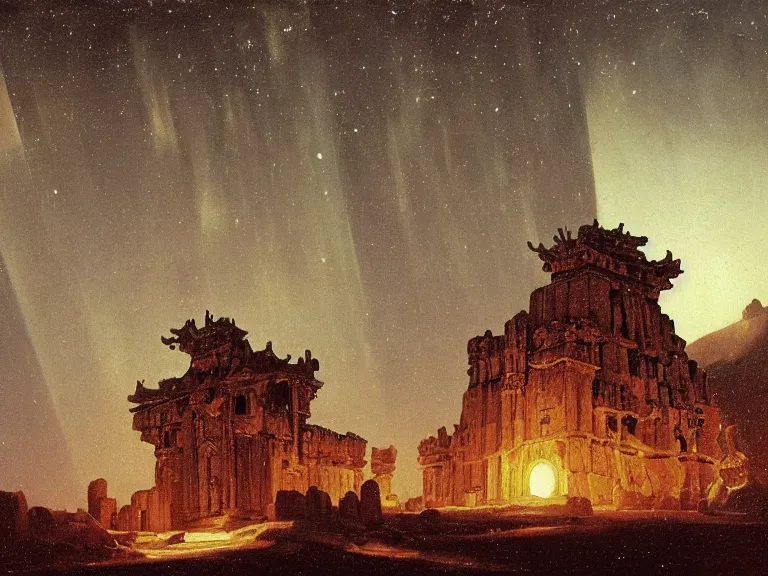 Prompt: an oil painting of an ancient and cursed temple in the middle of an alien salt plane at dusk, aurora and stars light up the sky by beksinski carl spitzweg and tuomas korpi. baroque elements, full-length view. baroque element. intricate artwork by caravaggio. Trending on artstation. 8k