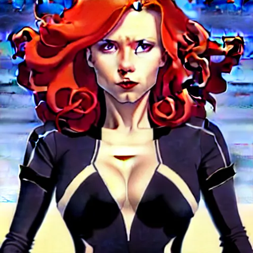 Image similar to phil noto comicbook cover art, black widow marvel, symmetrical eyes, long red hair, full body, city rooftop