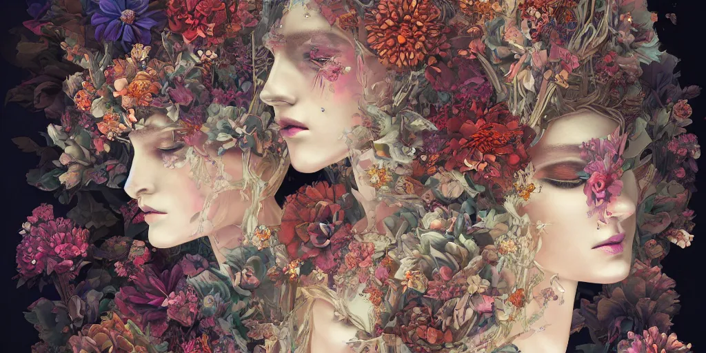 Image similar to breathtaking detailed concept art painting kaleidoscope art deco pattern of blonde faces goddesses amalmation flowers, by hsiao - ron cheng, bizarre compositions, exquisite detail, extremely moody lighting, 8 k