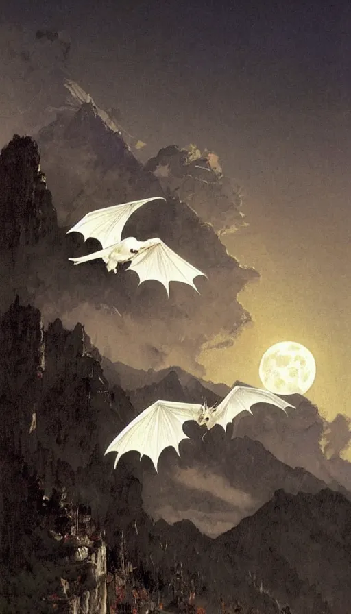 Image similar to a white bat, flying against a black night sky, mountain in the background, moonlight, denoised, very detailed, painted by james gurney, norman rockwell, tom bagshaw