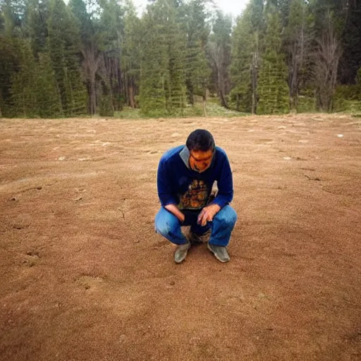 Image similar to native american kneeling down looking at the ground, looks like pixar movie, detailed