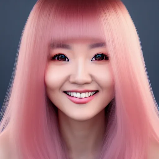 Image similar to beautiful hyperrealism selfie of nikki from shining nikki, a cute 3 d young woman smiling sofly, long light pink hair and full bangs, flushed face, small heart - shaped face, amber eyes, chinese heritage, golden hour, 8 k, instagram