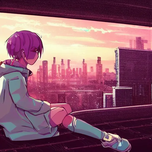 Prompt: android mechanical cyborg anime girl child overlooking overcrowded urban dystopia sitting. Pastel pink clouds baby blue sky. Gigantic future city. Raining. Makoto Shinkai. Wide angle. Distant shot. Purple sunset. Sunset ocean reflection. Pink hair. Pink and white hoodie. Cyberpunk.