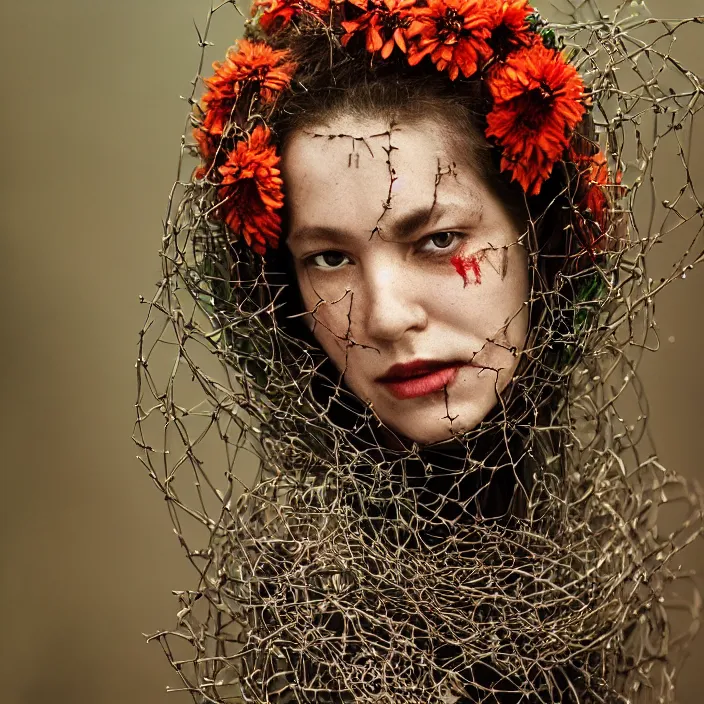 Image similar to a closeup portrait of a woman wearing a hooded cloak made of zinnias and barbed wire, in a derelict house, by Zhang Jingna, natural light, detailed face, CANON Eos C300, ƒ1.8, 35mm, 8K, medium-format print