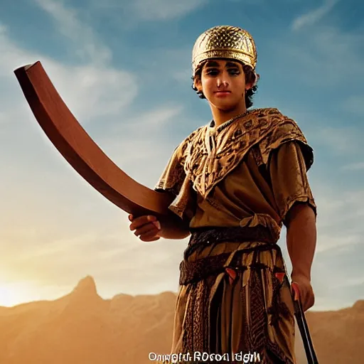 Image similar to handsome 17 year old middle-eastern skinned boy in a Biblical outfit holding a wooden slingshot. Giant Goliath standing with a sword. Epic, cinematic lighting, directed by Ridley Scott