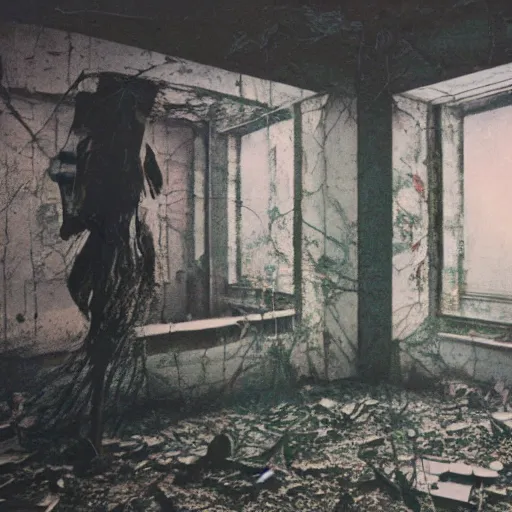 Image similar to 3 5 mm color photography, joel - peter witkin, beksinski, and stephen gammell, video still of abandoned government facility glitch nightmare