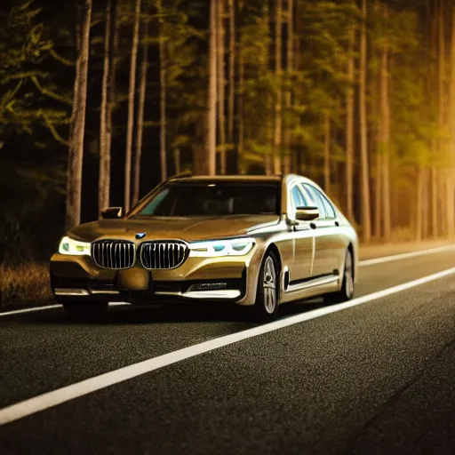 Prompt: a [ bmw 7 ]!! driving on an empty highway at [ night ]!, [ fireworks in the sky ]!!, in a forest, trending on unsplash, [ 4 k photorealism ]!!, [ golden ratio ]!!, centered!!