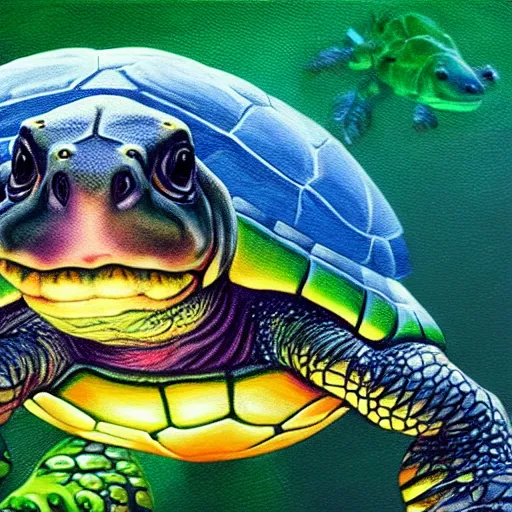 Image similar to hybrid animal cross between cute turtle and alligator colorful luminescent detailed oil painting 4 k