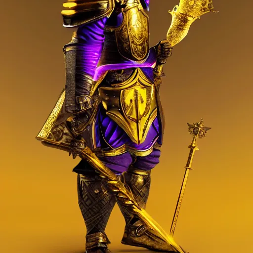 Image similar to a highly detailed knight with glowing purple eyes in a T golden helmet and a golden crown with a blue diamond in the center, golden armor, leather clothes under the armor, leather gloves, holds a black sword, artstation, DeviantArt, professional, octane render, sunset lighting