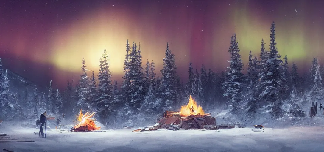 Prompt: beautiful render of a fall landscape, unreal engine, night, majestic snowy mountains, dramatic aurora borealis, stars, teepee, village, campfire, hunters, soft light, by greg rutkowski, cgsociety