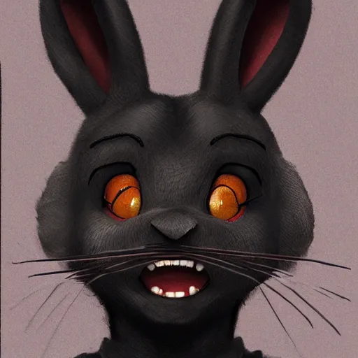 Image similar to A extremely highly detailed majestic hi-res beautiful, highly detailed head and shoulders portrait of a scary terrifying, horrifying, creepy black cartoon rabbit with scary big eyes, earing a shirt laughing, hey buddy, let's be friends, in the style of Walt Disney animation