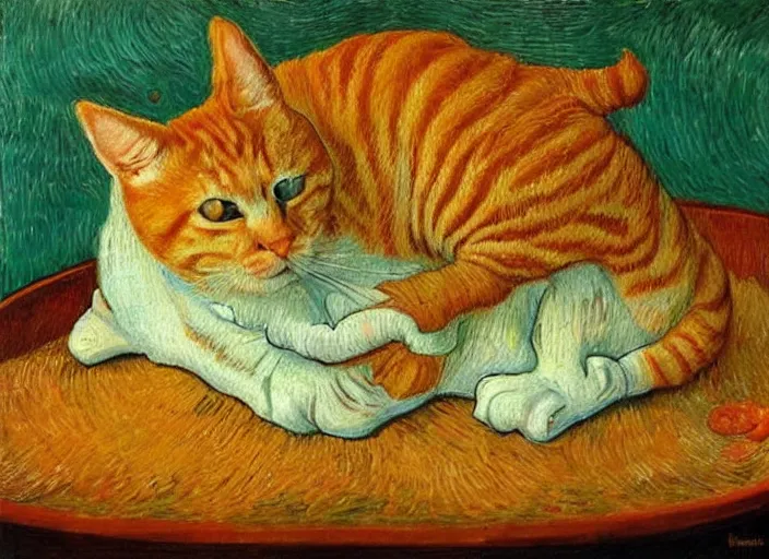 Image similar to detailed realistic realism painting of orange tabby cat fused combined with lasagna, at dusk, in the style of vincent van gogh and salvador dali and leonardo da vinci