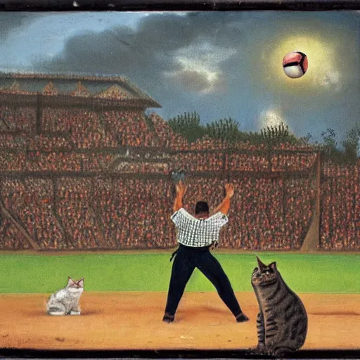 Image similar to a large crowd watch intently as a cat throws the first ball of a baseball game