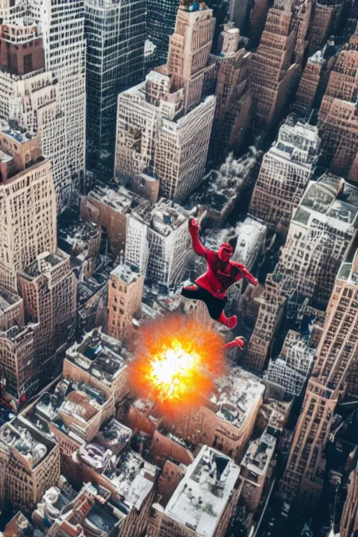 Image similar to !dream a man jumping from a building exploding in New York, explosion aerial view