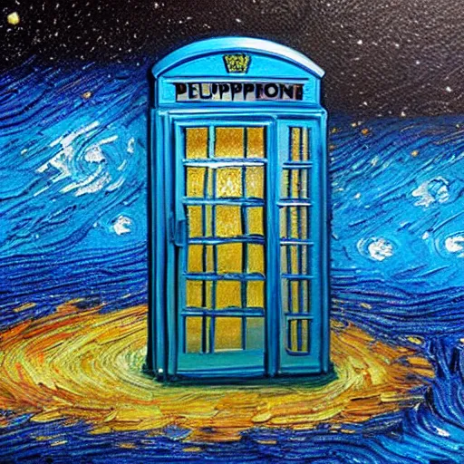 Image similar to a blue english phone booth exploding in space, impressionism, in the style of van gogh