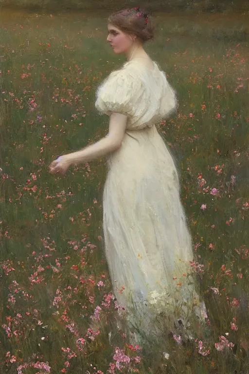 Image similar to Richard Schmid and Jeremy Lipking full length portrait painting of a young beautiful edwardian girl walking through a field of flowers with hands behind her back