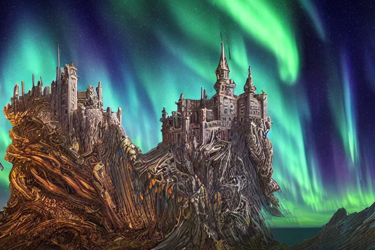 Prompt: highly detailed photoreal eldritch biomechanical castle on a cliff, aurora borealis, psychedelic