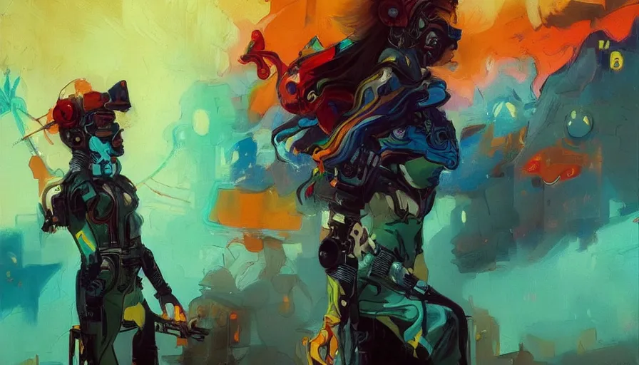 Image similar to psychedelic cyberpunk stylish woman soldier, allegorical style, by peter mohrbacher, jeremy mann, francoise nielly, van gogh, ross tran, beautiful, award winning scenery