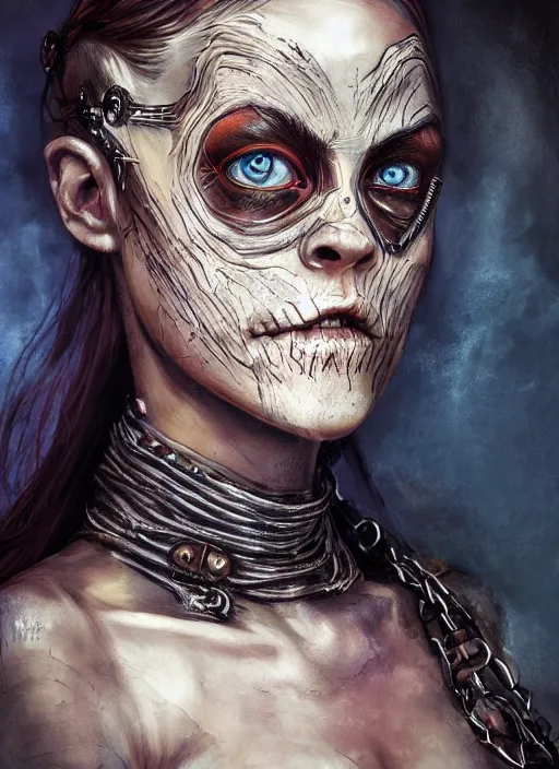 Image similar to detailed full body concept, oil painting of a mad max style female with beautiful face and eyes wearing intricate clothing, soft lighting and focus