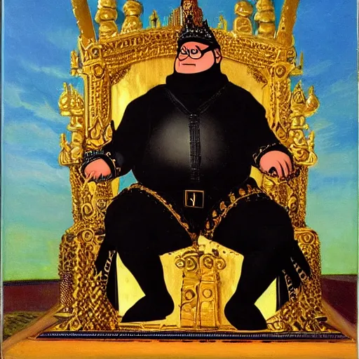 Prompt: Peter Griffin wearing black medieval armor and sitting on a golden throne, oil on canvas, 1880,