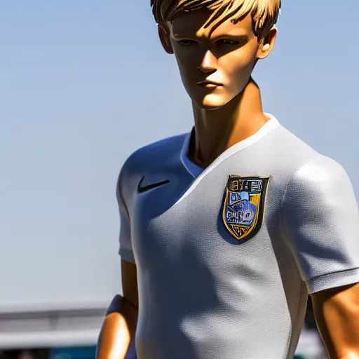 Image similar to a realistic detailed photo of a guy who is an attractive humanoid who is half robot and half humanoid, who is a male android, soccer player martin ødegaard, shiny skin, posing like a statue, blank stare, by the pool, on display, showing off his muscles, mannequin stand