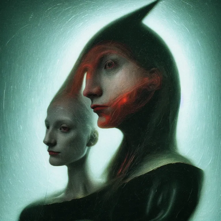 Image similar to portrait of cyborg witch by hieronymus bosch, soft grainy bloom lucid dream - like atmosphere, harsh flash photo, baroque portrait painting, perfect composition, detailed octane render trending on artstation, 8 k artistic photography, volumetric cinematic perfect light, chiaroscuro, masterpiece, raphael, caravaggio, beksinski, rutkowski, beeple