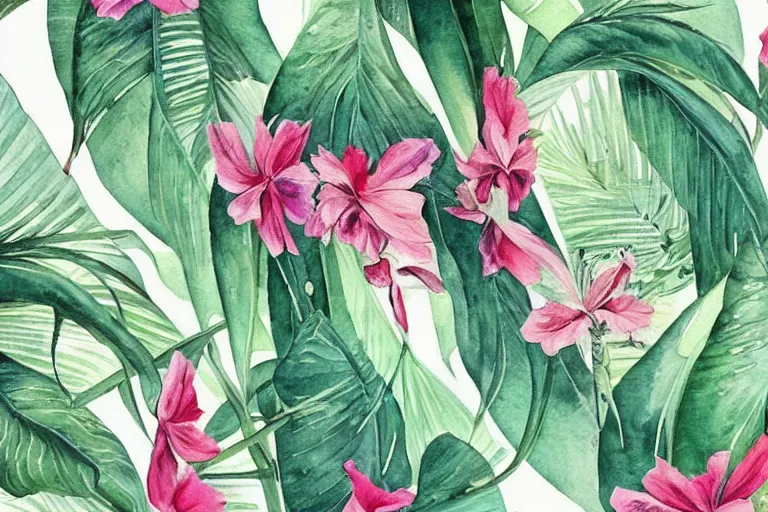 Image similar to watercolor artwork of exotic, elegant tropical prints : : green, art nouveau, trending on artstation