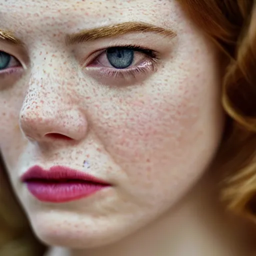 Image similar to cinematic portrait emma stone, intricate, elegant, by alyssa monks, highly detailed, symmetrical face, fine details, masterpiece, trending on artstation