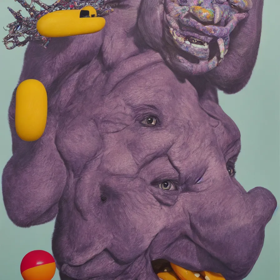 Prompt: rare hyper realistic portrait painting by chuck close, studio lighting, brightly lit purple room, a blue rubber duck with antlers laughing at a giant laughing white bear with a clown mask